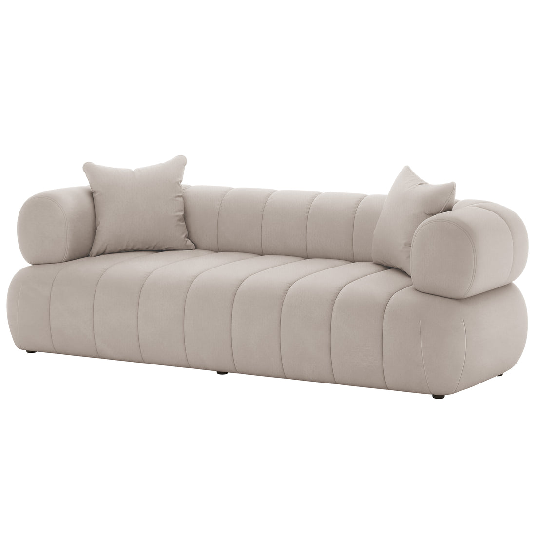 Samira 5 Seater Velvet Sofa Set - Warm Beige showcasing its plush cushioning and elegant design, with a focus on the velvet texture and included pillows enhancing the luxurious seating arrangement.