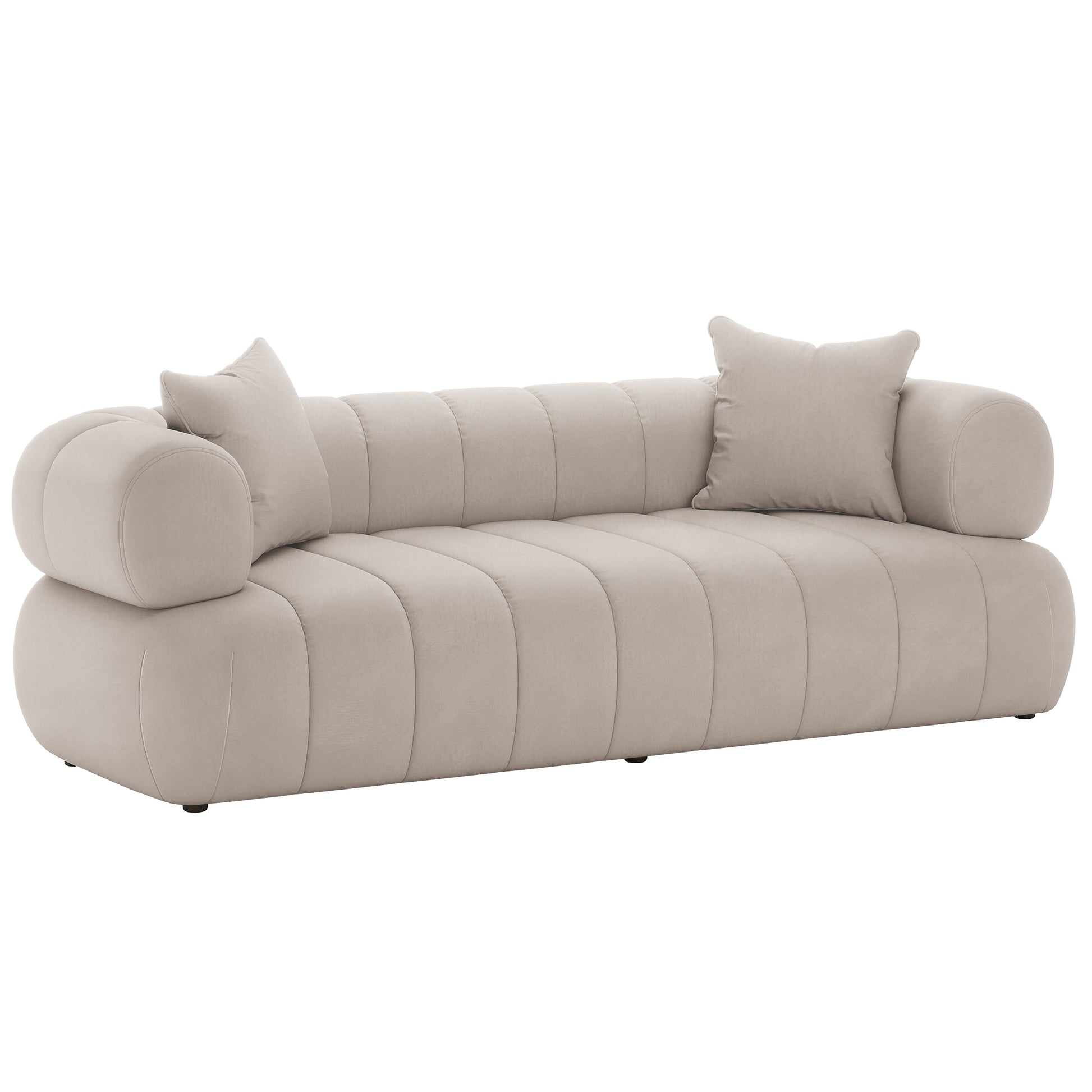 Samira 5 Seater Velvet Sofa Set - Warm Beige, showcasing its plush velvet upholstery, sturdy construction, and elegant design, emphasizing comfort and luxury in a sophisticated living space setting.