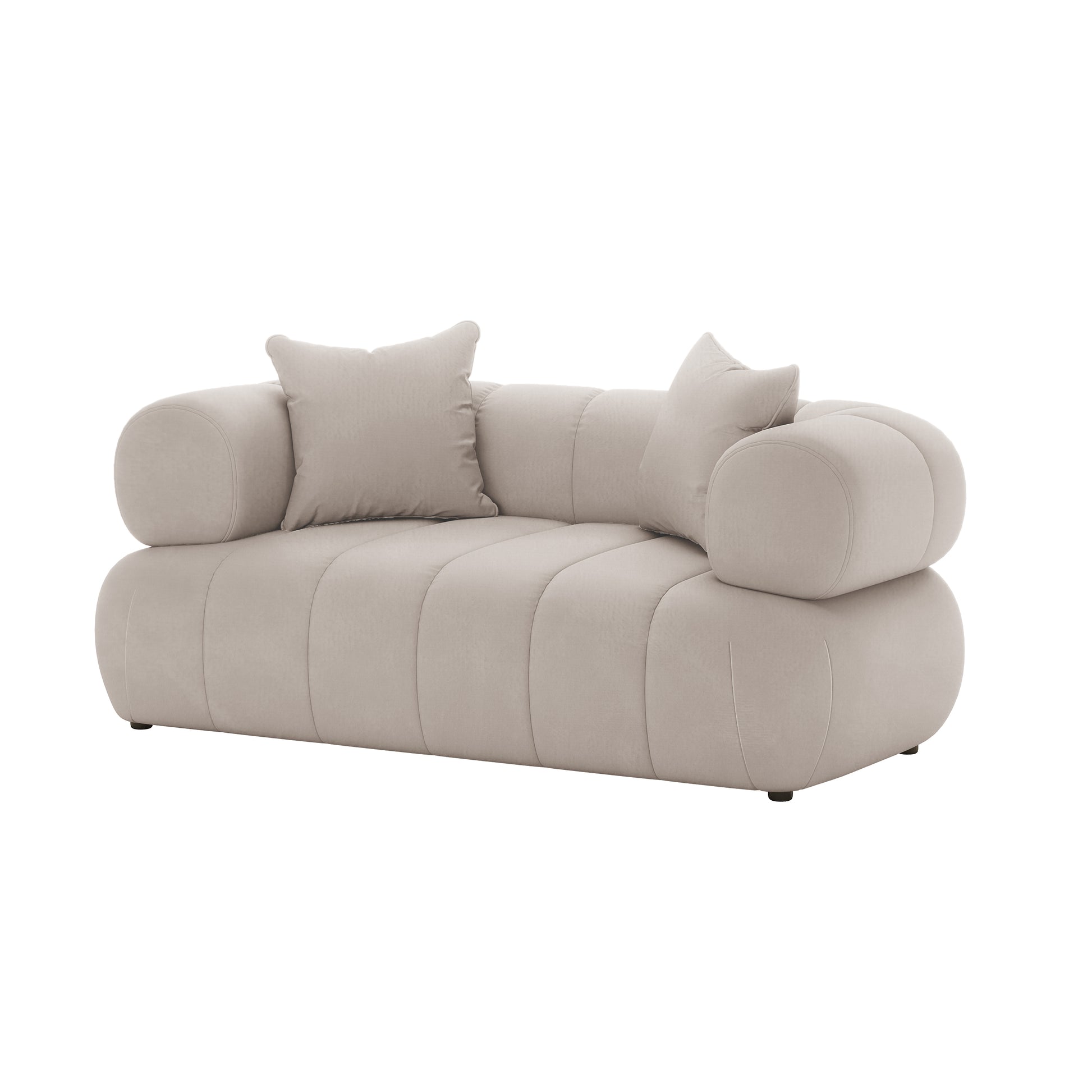 Samira 5 Seater Velvet Sofa Set in Warm Beige, highlighting its plush velvet upholstery, accompanied by soft pillows, showcasing its luxurious design and ample seating for comfort.