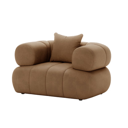 Samira Single Seater Velvet Sofa in Camel Brown featuring plush velvet upholstery, a comfortable pillow, and a stylish cushion, designed for elegance and comfort with sturdy construction and high-density foam padding.