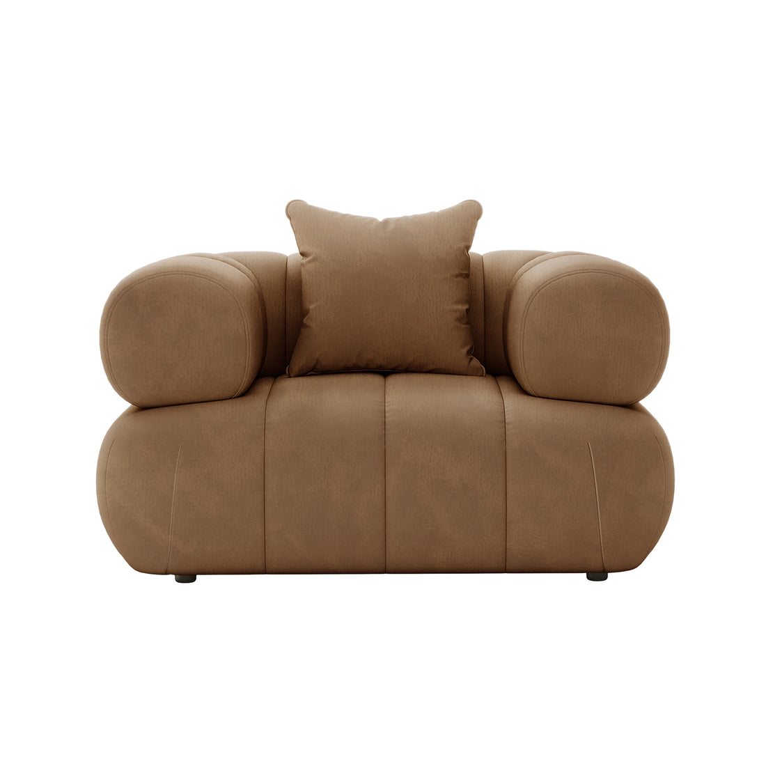 Samira Single Seater Velvet Sofa in Camel Brown, featuring elegant velvet upholstery, plush cushioning with a pillow, and sturdy armrests, offering a luxurious seating experience.