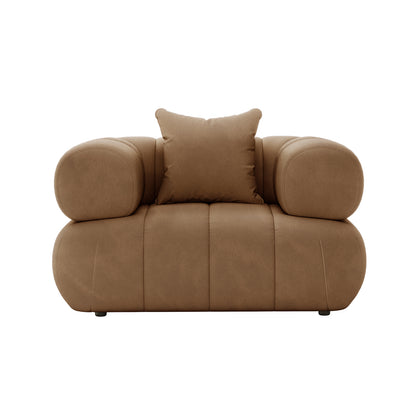 Samira Single Seater Velvet Sofa in Camel Brown, featuring elegant velvet upholstery, plush cushioning with a pillow, and sturdy armrests, offering a luxurious seating experience.