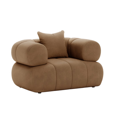 Samira Single Seater Velvet Sofa - Camel Brown, showing luxurious velvet texture, single pillow, and elegant design, highlighting its plush comfort and sophisticated appeal.