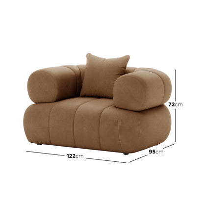 Samira Single Seater Velvet Sofa in Camel Brown, showcasing its plush velvet upholstery, cushioned seat, and elegant design, emphasizing comfort and style in a compact form.