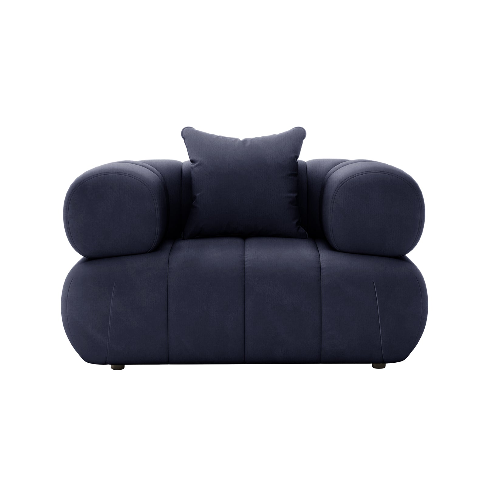 Samira Single Seater Velvet Sofa - Navy Blue, featuring plush velvet upholstery and a single cushion on a blue chair, offering a luxurious seating experience with elegant design and superior comfort.