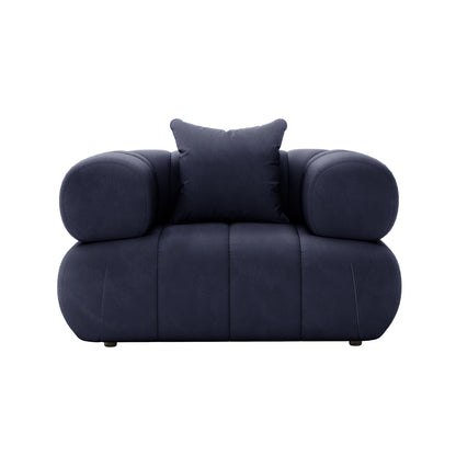 Samira Single Seater Velvet Sofa - Navy Blue, featuring plush velvet upholstery and a single cushion on a blue chair, offering a luxurious seating experience with elegant design and superior comfort.
