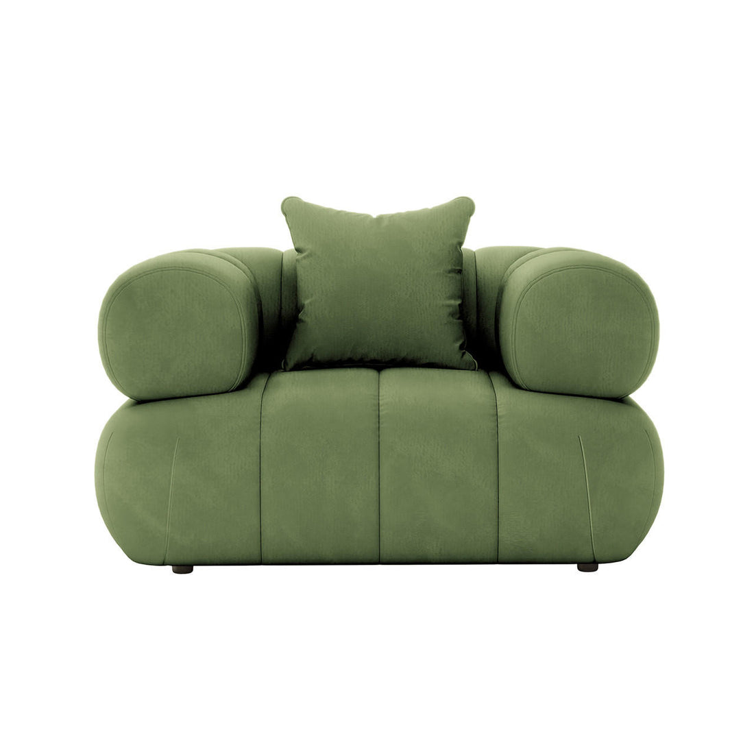 Samira Single Seater Velvet Sofa in Prasinous Green, featuring a plush, oversized design with rounded armrests and a loose back pillow. The sofa sits low on discreet feet, exuding modern elegance.