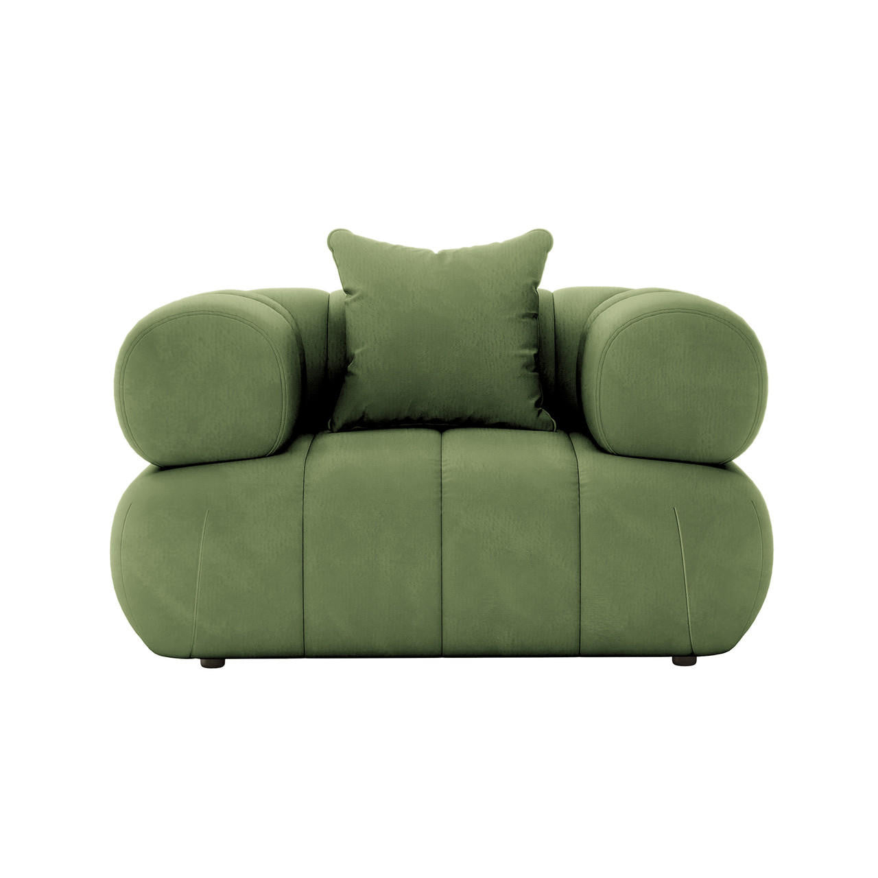 Samira Single Seater Velvet Sofa in Prasinous Green, featuring a plush, oversized design with rounded armrests and a loose back pillow. The sofa sits low on discreet feet, exuding modern elegance.