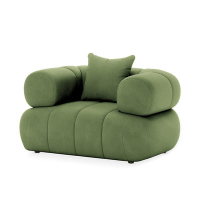 Samira Single Seater Velvet Sofa in Prasinous Green, featuring a chunky, pillowy silhouette with rounded tubular arms and a loose back cushion, set against a plain white background.
