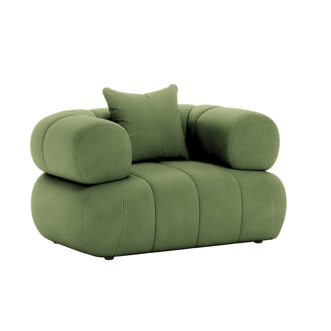 Samira Single Seater Velvet Sofa in Prasinous Green features a plush, oversized design with rounded tubular armrests, padded back, and muted green velvet upholstery, resting on barely-visible feet.