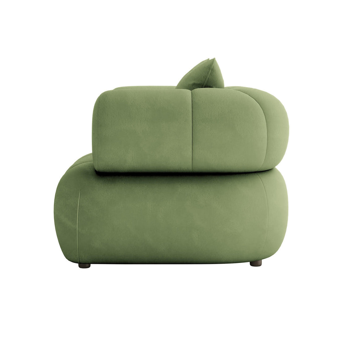 Samira Single Seater Velvet Sofa in Prasinous Green, featuring a low-slung, rounded profile with plush olive-green upholstery, pillowy sections, and a matching cushion on small, hidden feet.