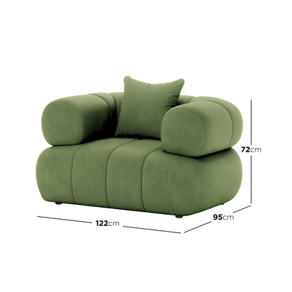 Samira Single Seater Velvet Sofa in Prasinous Green, featuring olive-green upholstery, cylindrical bolster arms, a square throw pillow, and dimension lines showing it is 122 cm wide, 95 cm deep, 72 cm tall.