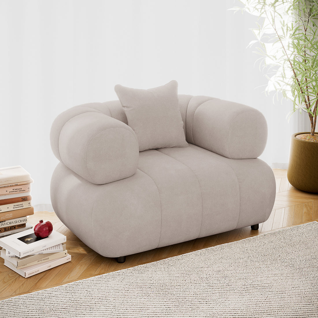 Samira Single Seater Velvet Sofa in Warm Beige, featuring plush velvet upholstery, a single throw pillow, and elegant design, showcasing indoor elegance with a focus on comfort and style.