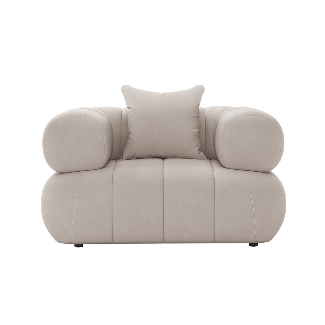 Samira Single Seater Velvet Sofa - Warm Beige, showcased on a white chair, highlighting the plush velvet texture, single pillow, and elegant design, emphasizing luxury and comfort.