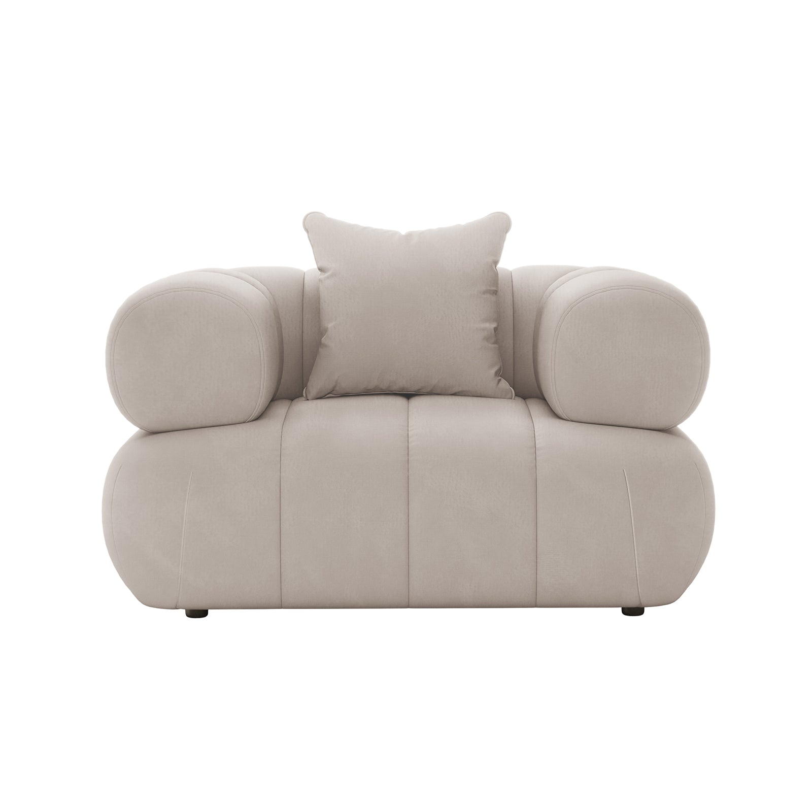 Samira Single Seater Velvet Sofa - Warm Beige, showcased on a white chair, highlighting the plush velvet texture, single pillow, and elegant design, emphasizing luxury and comfort.