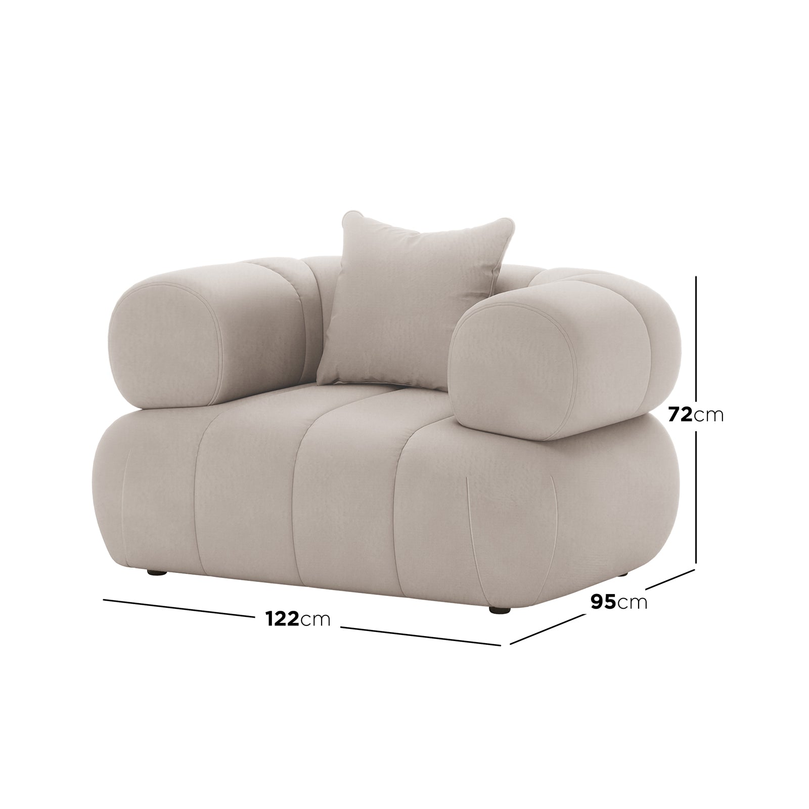 Samira Single Seater Velvet Sofa in Warm Beige, featuring plush velvet upholstery, a single pillow, and a sturdy armrest, showcasing its luxurious design and comfortable seating in a close-up view.