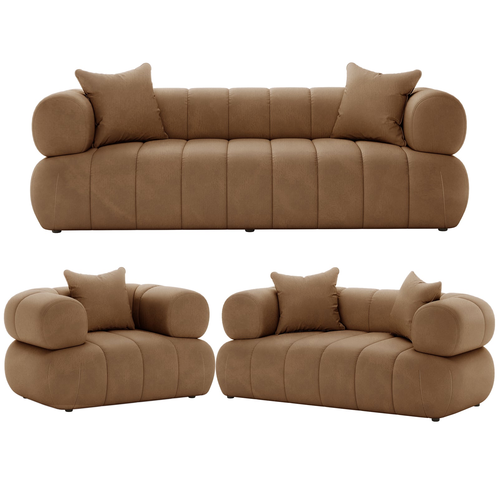 Samira 6 Seater Velvet Sofa Set - Camel Brown, featuring a close-up of plush brown pillows and luxurious velvet texture on the couch, showcasing its elegant and comfortable design.