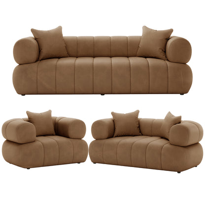 Samira 6 Seater Velvet Sofa Set - Camel Brown, featuring a close-up of plush brown pillows and luxurious velvet texture on the couch, showcasing its elegant and comfortable design.