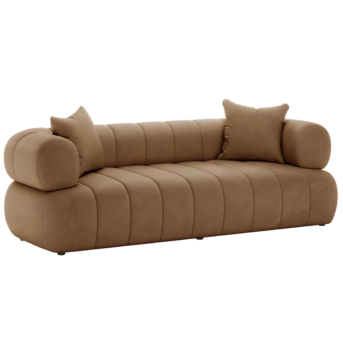 Samira 6 Seater Velvet Sofa Set - Camel Brown, a plush brown couch with pillows, showcasing luxurious velvet upholstery and elegant design, ideal for enhancing living spaces with comfort and style.