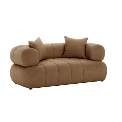 Samira 6 Seater Velvet Sofa Set - Camel Brown, showcasing luxurious velvet upholstery with plush pillows, featuring a sturdy design perfect for elegant living spaces.