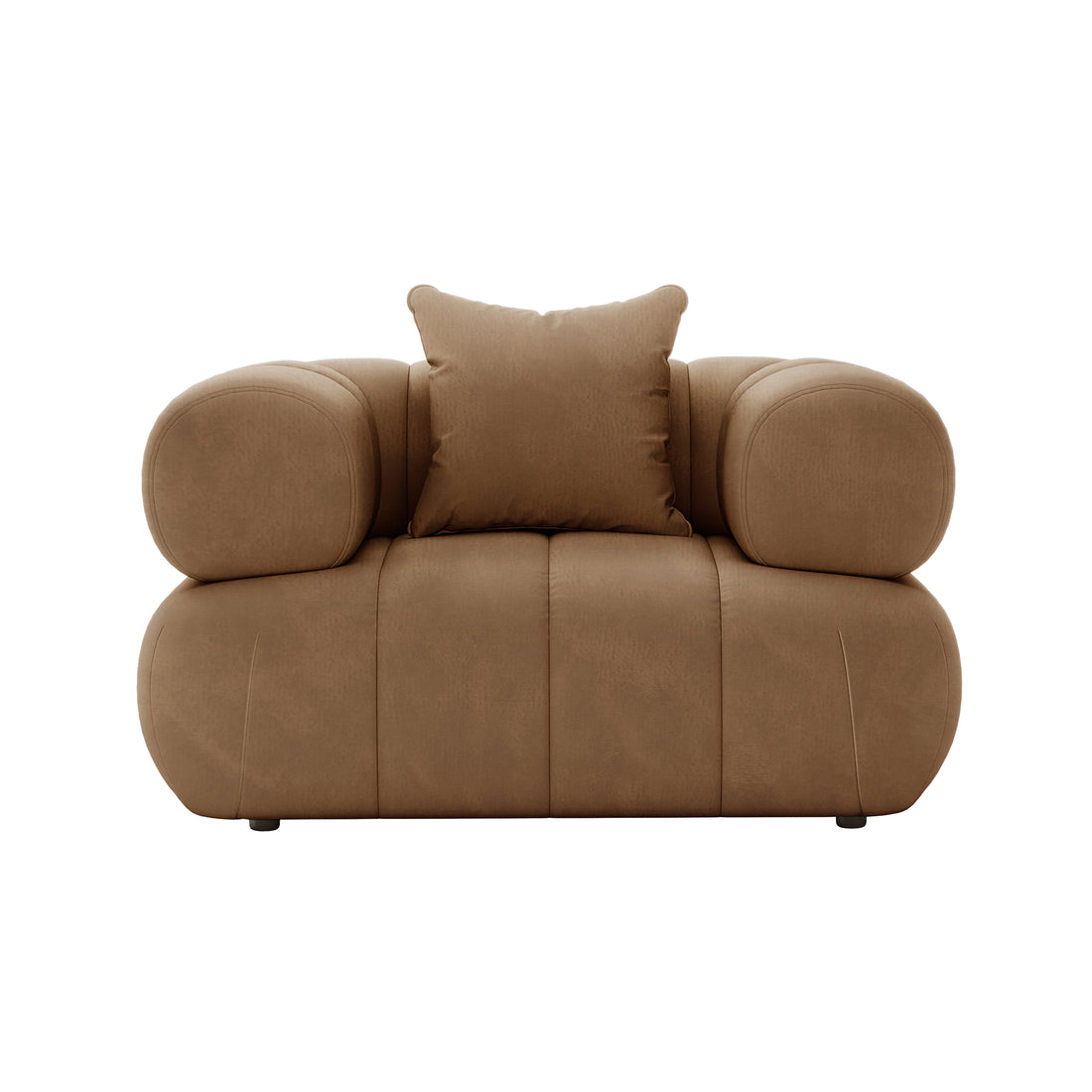 Samira 6 Seater Velvet Sofa Set - Camel Brown features a luxurious velvet finish with plush pillows, showcasing its elegant design. The image highlights the sofa's plush upholstery and comfortable armrests.