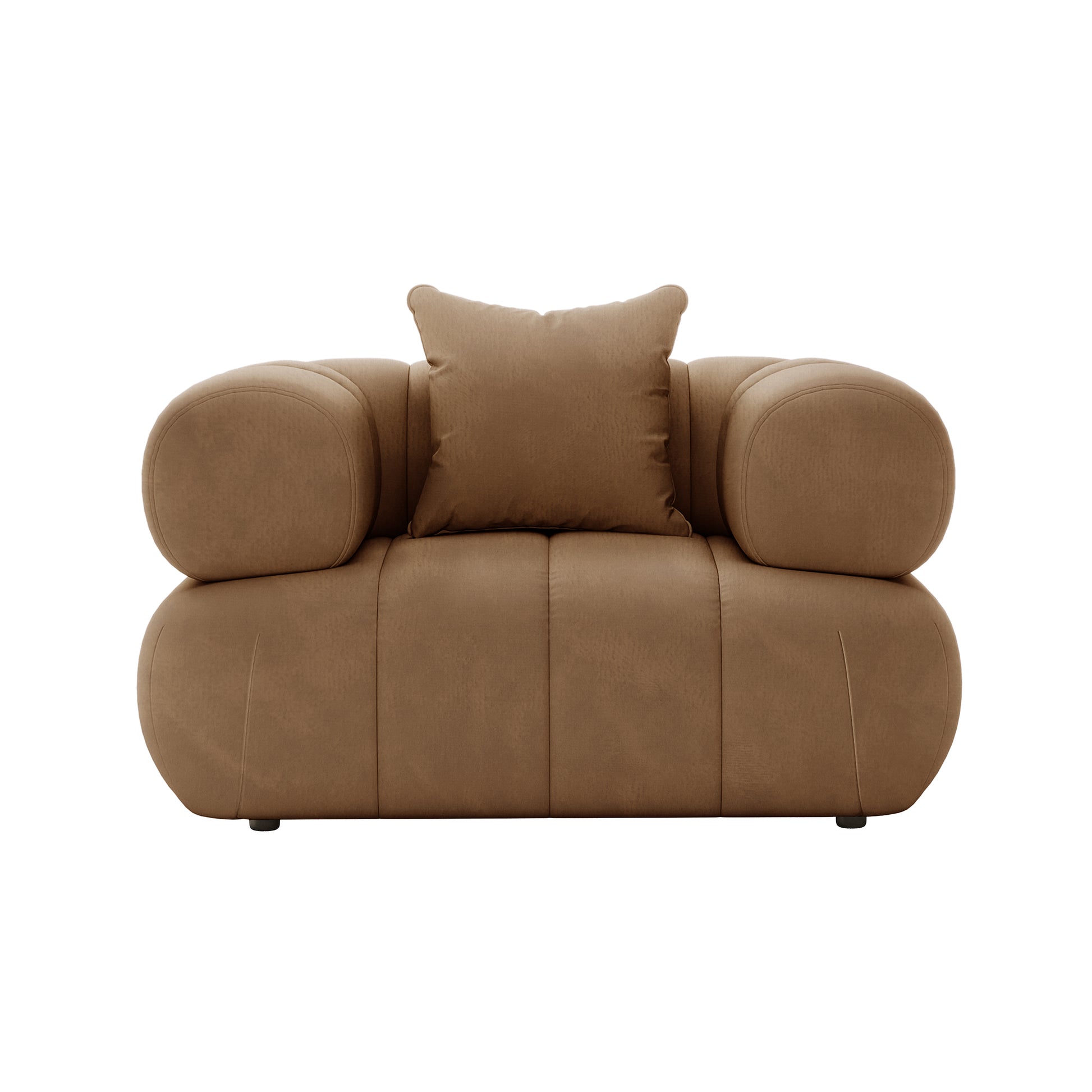 Samira 6 Seater Velvet Sofa Set - Camel Brown features a luxurious velvet finish with plush pillows, showcasing its elegant design. The image highlights the sofa's plush upholstery and comfortable armrests.