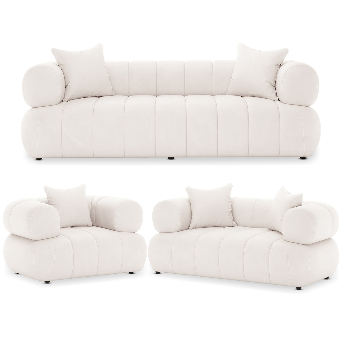 Samira 6 Seater Velvet Sofa Set in Cream, featuring modular design with three-seat, two-seat, and one-seat components, plush cushions, cylindrical armrests, showcasing a versatile, elegant sectional setup.