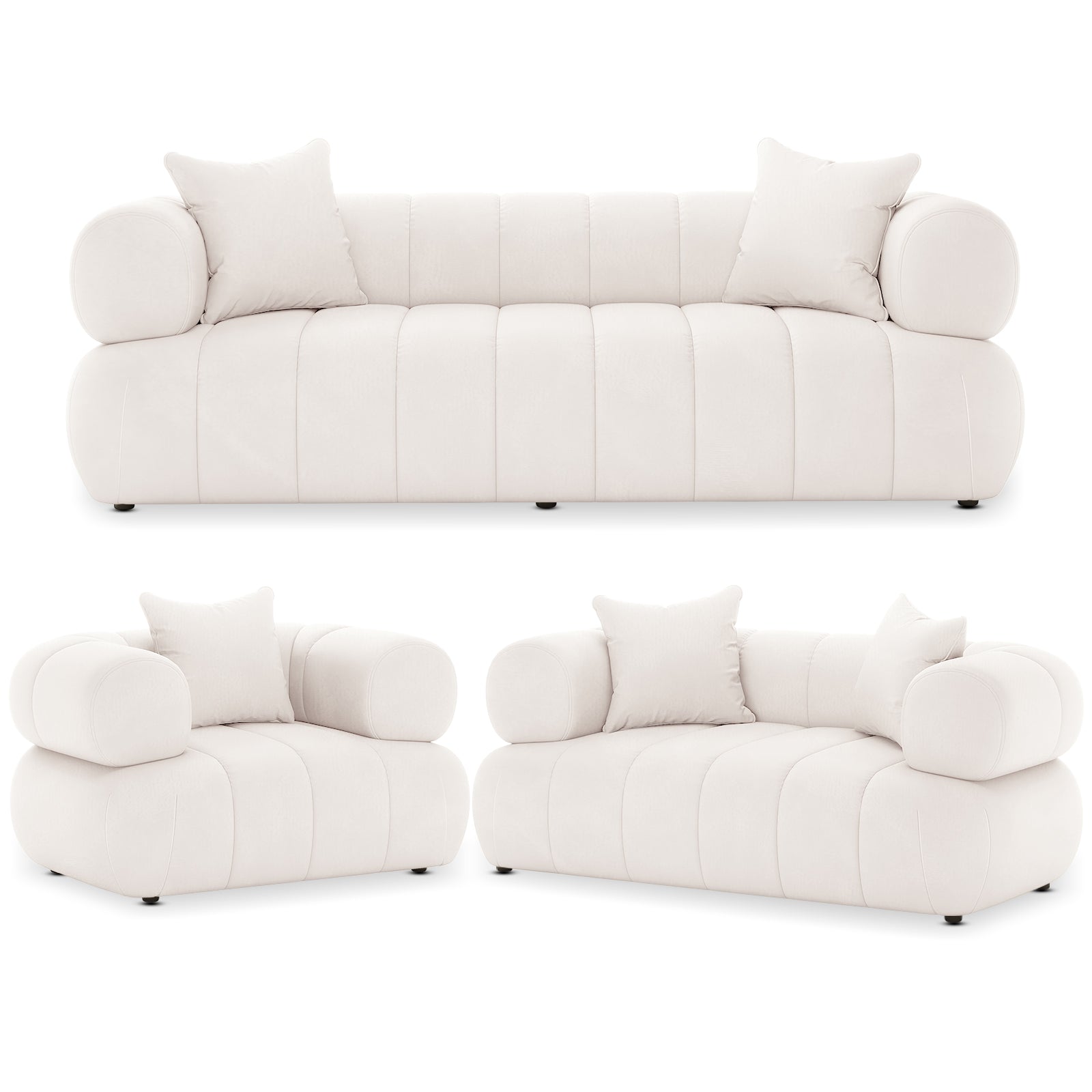 Samira 6 Seater Velvet Sofa Set in Cream, featuring modular design with three-seat, two-seat, and one-seat components, plush cushions, cylindrical armrests, showcasing a versatile, elegant sectional setup.