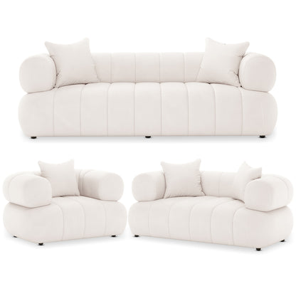 Samira 6 Seater Velvet Sofa Set in Cream, featuring modular design with three-seat, two-seat, and one-seat components, plush cushions, cylindrical armrests, showcasing a versatile, elegant sectional setup.