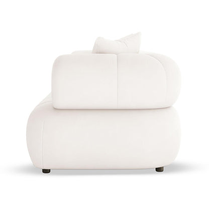 Samira 6 Seater Velvet Sofa Set in Cream, showcasing a modern, minimalist design with rounded cushions and a matching throw-style back pillow, viewed from the side against a plain background.