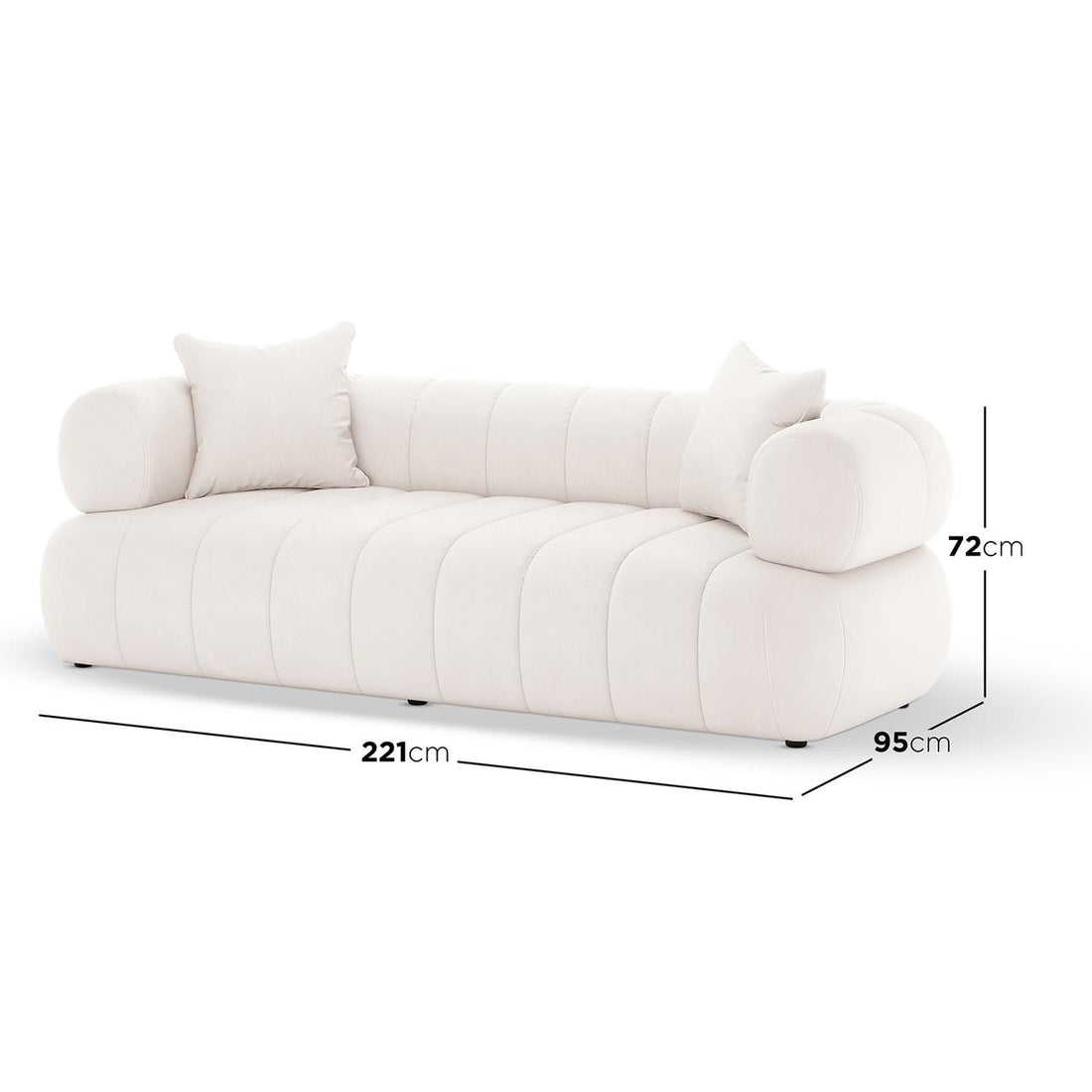 Samira 6 Seater Velvet Sofa Set in Cream features a modern, low-profile design with tufted cushions, bolster-style arm pads, and loose throw pillows. Dimensions are 221 cm long, 95 cm deep, 72 cm high.