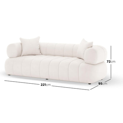 Samira 6 Seater Velvet Sofa Set in Cream features a modern, low-profile design with tufted cushions, bolster-style arm pads, and loose throw pillows. Dimensions are 221 cm long, 95 cm deep, 72 cm high.
