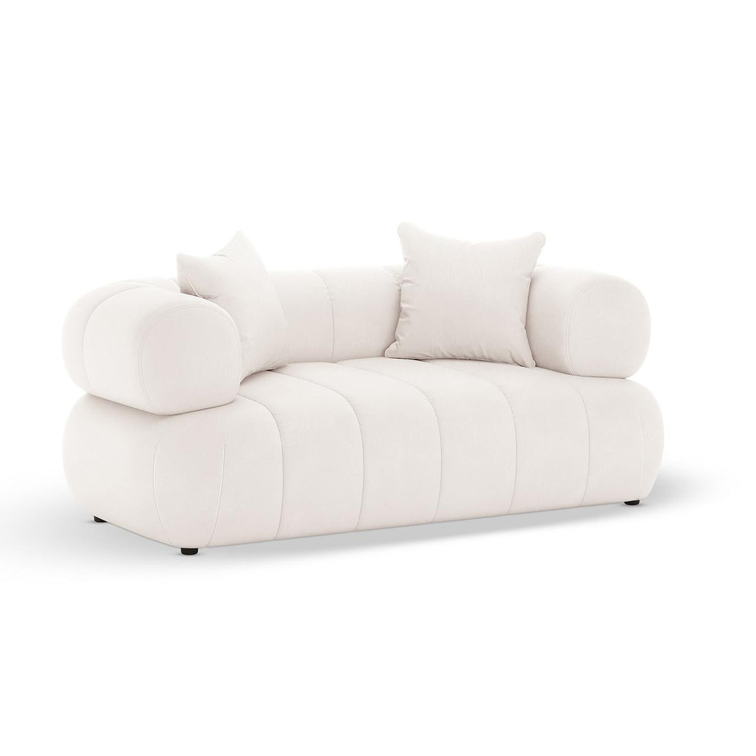Samira 6 Seater Velvet Sofa Set in Cream features a modern, low-profile design with channel-stitched base, cylindrical bolsters, and two square pillows, perfect for contemporary, spacious living.