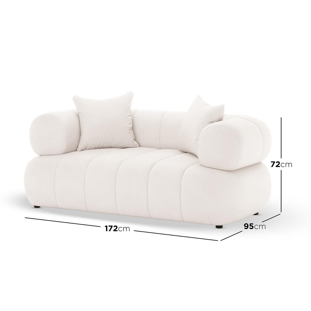 Samira 6 Seater Velvet Sofa Set in Cream, featuring a modern two-seat design with loose back cushions and bolster-style armrests, dimensions marked as 172 cm wide, 95 cm deep, 72 cm tall.
