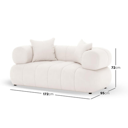 Samira 6 Seater Velvet Sofa Set in Cream, featuring a modern two-seat design with loose back cushions and bolster-style armrests, dimensions marked as 172 cm wide, 95 cm deep, 72 cm tall.