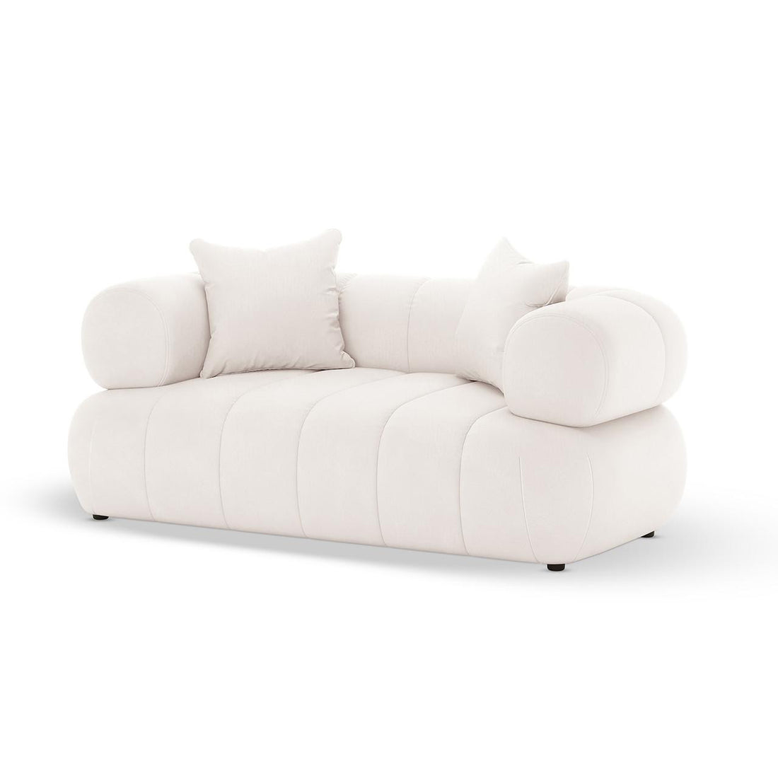 Samira 6 Seater Velvet Sofa Set in Cream features a modern two-seater with creamy white upholstery, rounded bolstered arms, plush segmented seat, and matching throw pillows, set against a plain white backdrop.