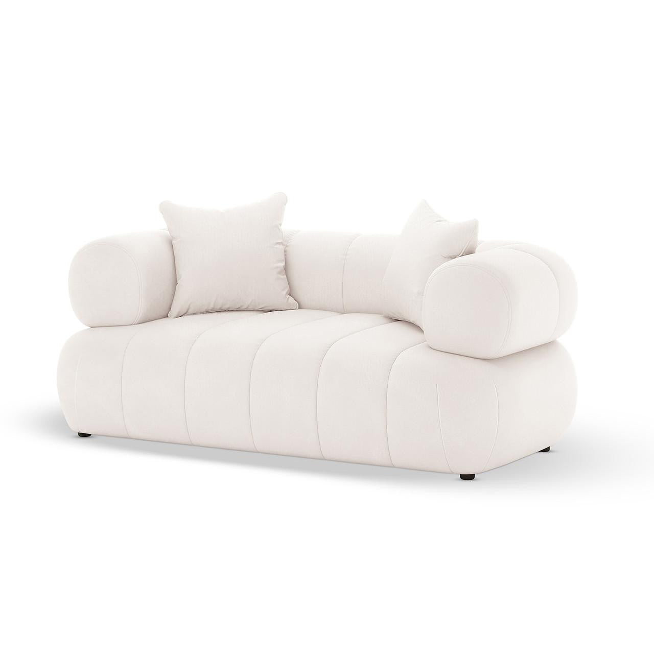 Samira 6 Seater Velvet Sofa Set in Cream features a modern two-seater with creamy white upholstery, rounded bolstered arms, plush segmented seat, and matching throw pillows, set against a plain white backdrop.