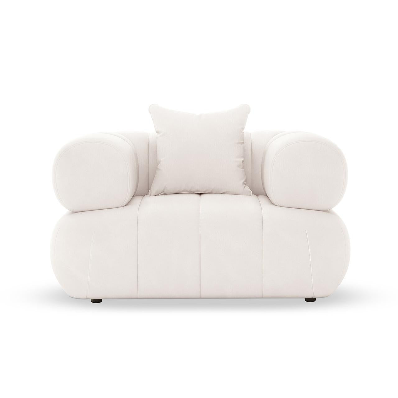 Samira 6 Seater Velvet Sofa Set in Cream showcases a modern, low-profile design with off-white upholstery, featuring rounded tubular arm cushions and a centered square throw pillow for inviting comfort.