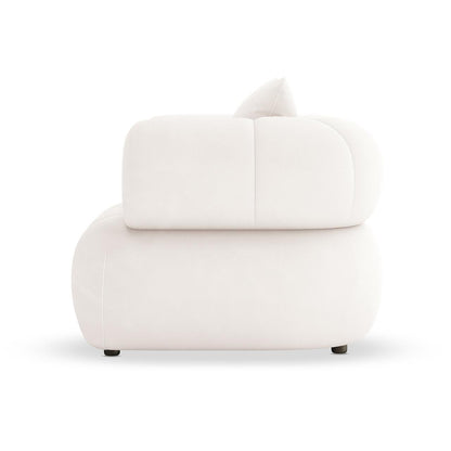 The Samira 6 Seater Velvet Sofa Set in Cream features a modern, low-profile module with a plush base, back cushion, and throw pillow, set on dark feet against a white backdrop.