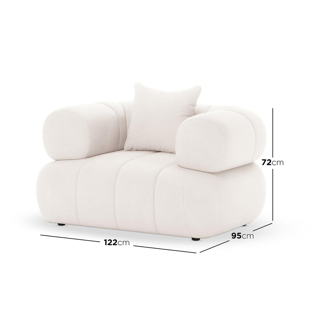 Samira 6 Seater Velvet Sofa Set in Cream, featuring a low-profile lounge chair with oversized, rounded armrests and a loose back cushion, measuring 122 cm wide, 95 cm deep, and 72 cm tall.