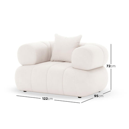 Samira 6 Seater Velvet Sofa Set in Cream, featuring a low-profile lounge chair with oversized, rounded armrests and a loose back cushion, measuring 122 cm wide, 95 cm deep, and 72 cm tall.