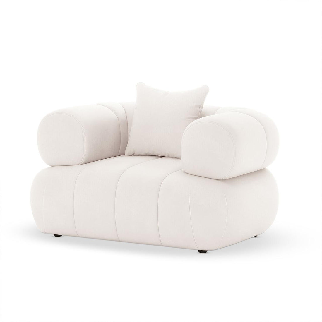 Samira 6 Seater Velvet Sofa Set in Cream features a modern, puffy loveseat with soft white upholstery, rounded arms, and a matching throw pillow, exuding a cloud-like, minimalist aesthetic.