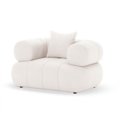 Samira 6 Seater Velvet Sofa Set in Cream features a modern, puffy loveseat with soft white upholstery, rounded arms, and a matching throw pillow, exuding a cloud-like, minimalist aesthetic.