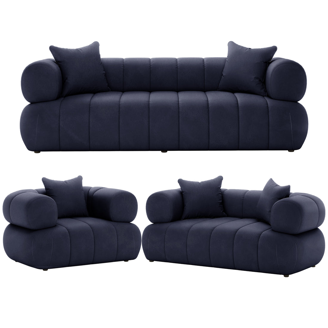 Samira 6 Seater Velvet Sofa Set - Navy Blue features a modular design with quilted upholstery, rounded armrests, and includes matching throw pillows. The set comprises a three-seat sofa, left-arm, and right-arm corner modules.