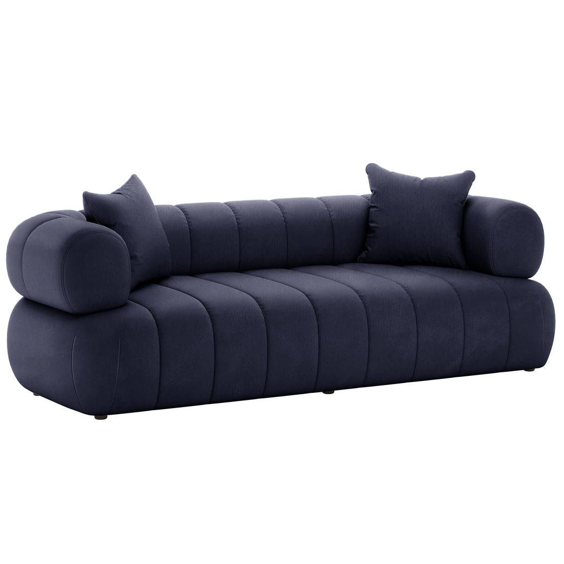 Samira 6 Seater Velvet Sofa Set - Navy Blue, showcasing plush velvet upholstery and elegant design, with visible high-density foam padding and plush pillows enhancing comfort and style.