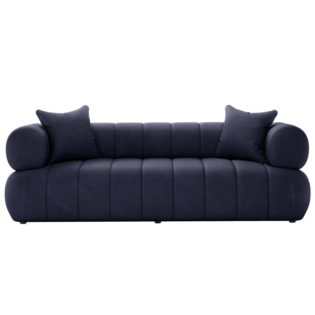 Samira 6 Seater Velvet Sofa Set - Navy Blue on a blue couch, featuring a plush velvet texture with five pillows, showcasing a luxurious, elegant design perfect for transforming living spaces.
