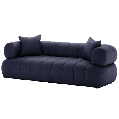 Samira 6 Seater Velvet Sofa Set - Navy Blue, showcasing a plush velvet texture with a close-up of the couch and pillows, highlighting its elegant design and luxurious comfort.