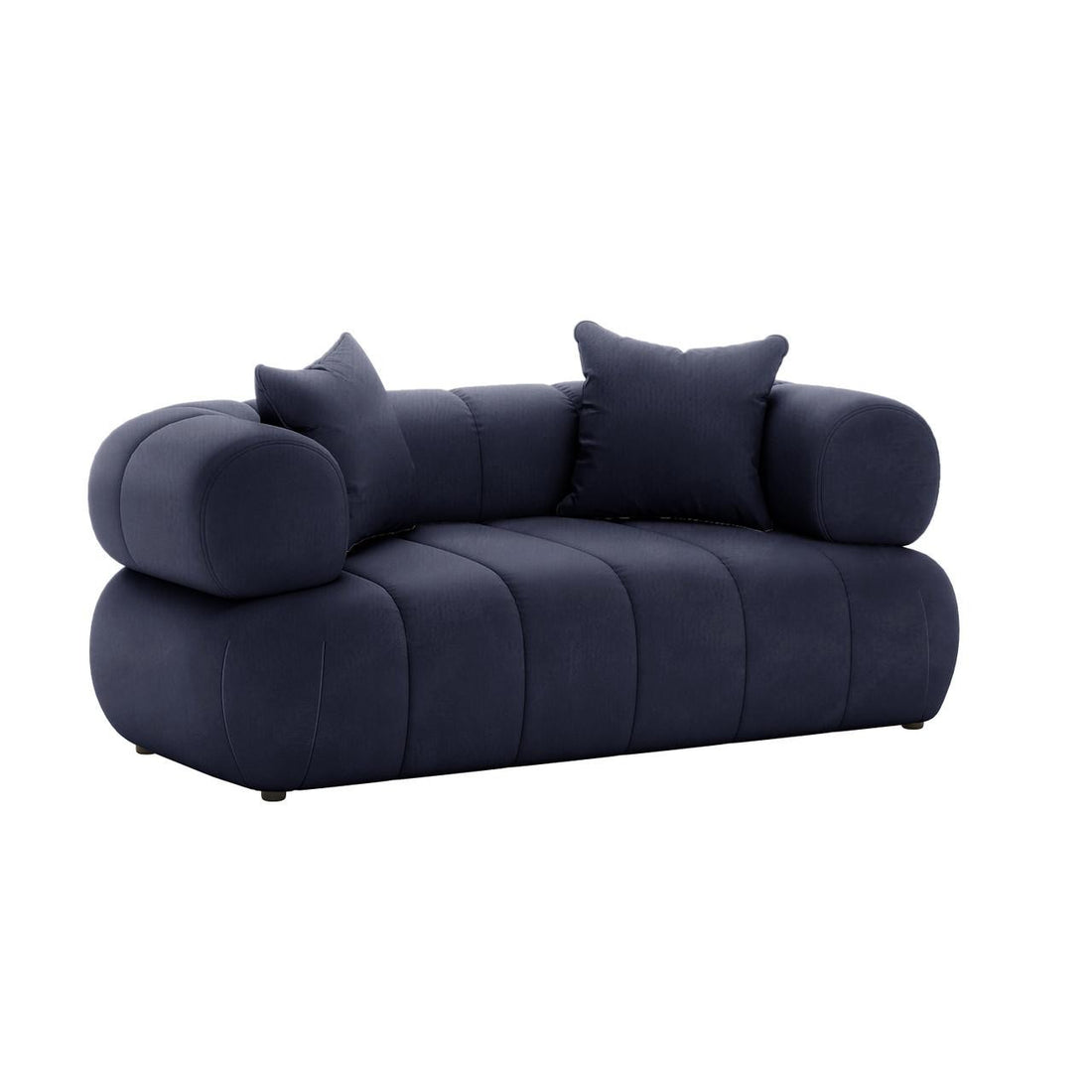Samira 6 Seater Velvet Sofa Set in Navy Blue featuring a plush velvet texture, includes a close-up of a couch with decorative pillows, showcasing elegant detailing and luxurious comfort for a stylish living space.