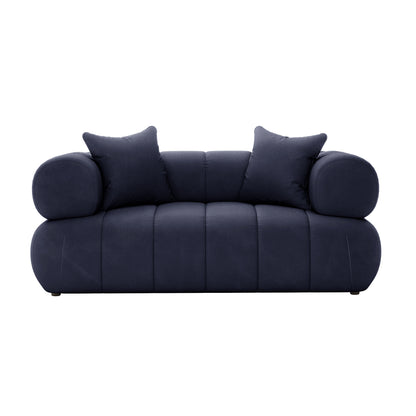 Samira 6 Seater Velvet Sofa Set - Navy Blue, featuring a plush velvet texture with included pillows. The image highlights the couch's elegant design, emphasizing its ample seating and luxurious appearance.