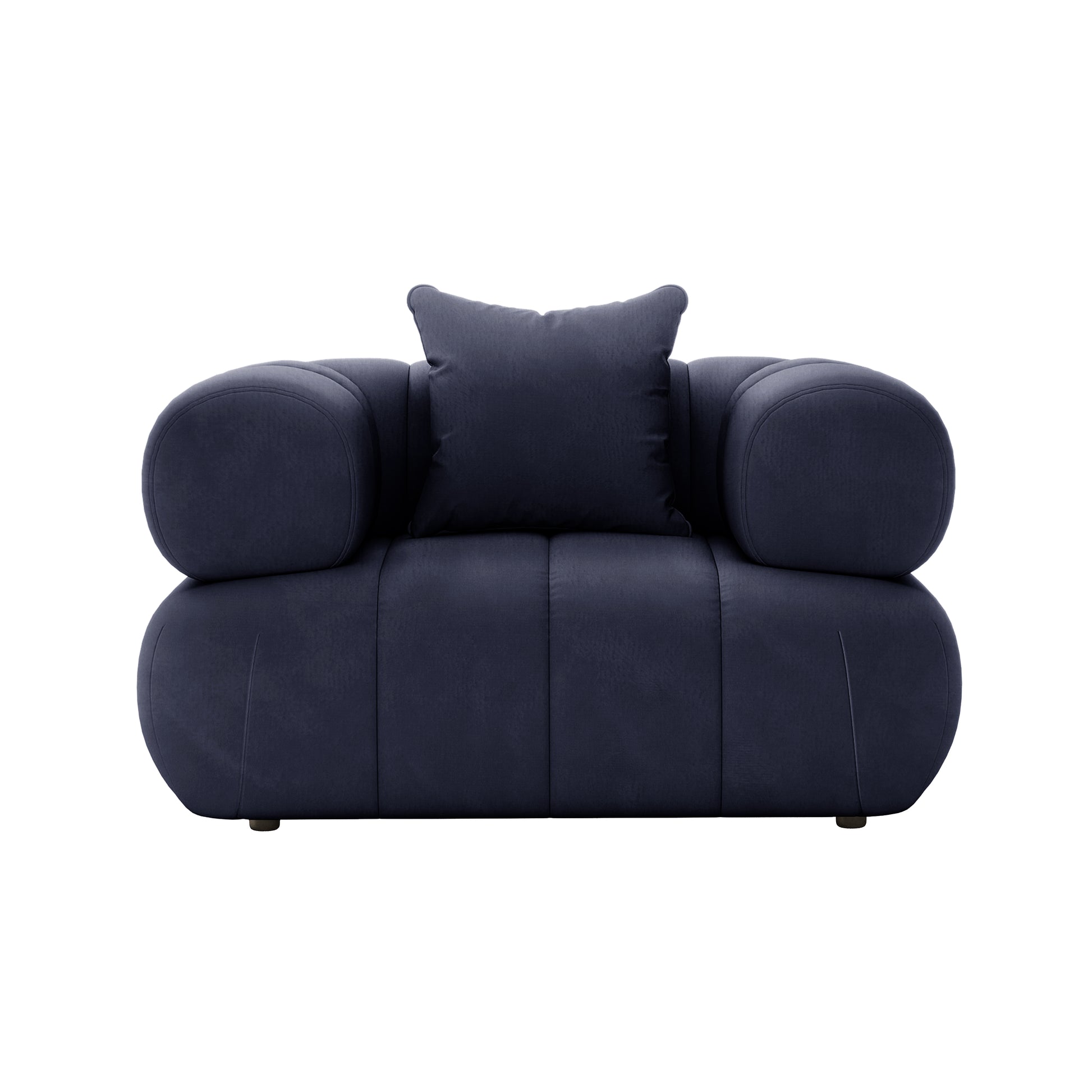 Samira 6 Seater Velvet Sofa Set - Navy Blue, showcasing its plush pillow on a blue chair, highlighting the luxurious velvet texture and elegant design.